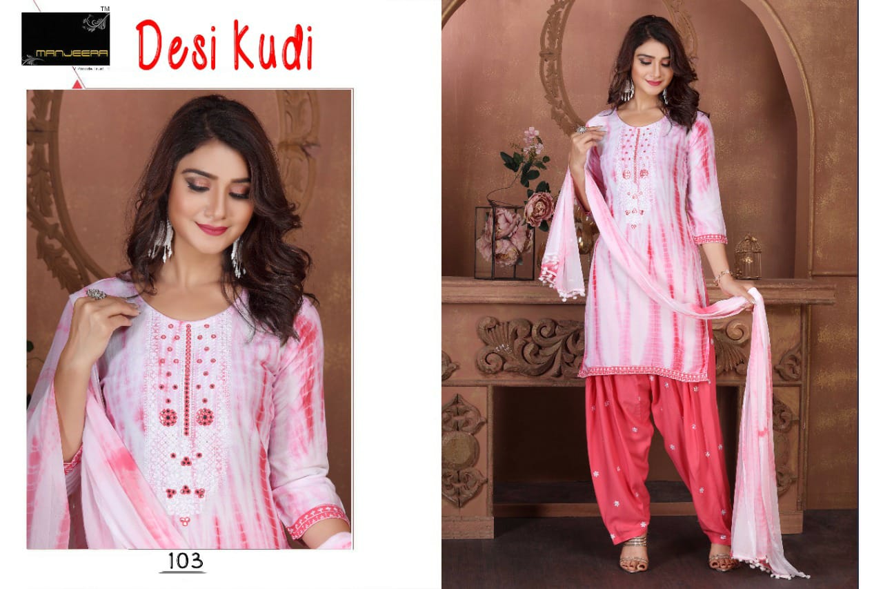 Manjeera Desi Kudi Rayon Patiyala Ready Made Wholesale Suit Collection